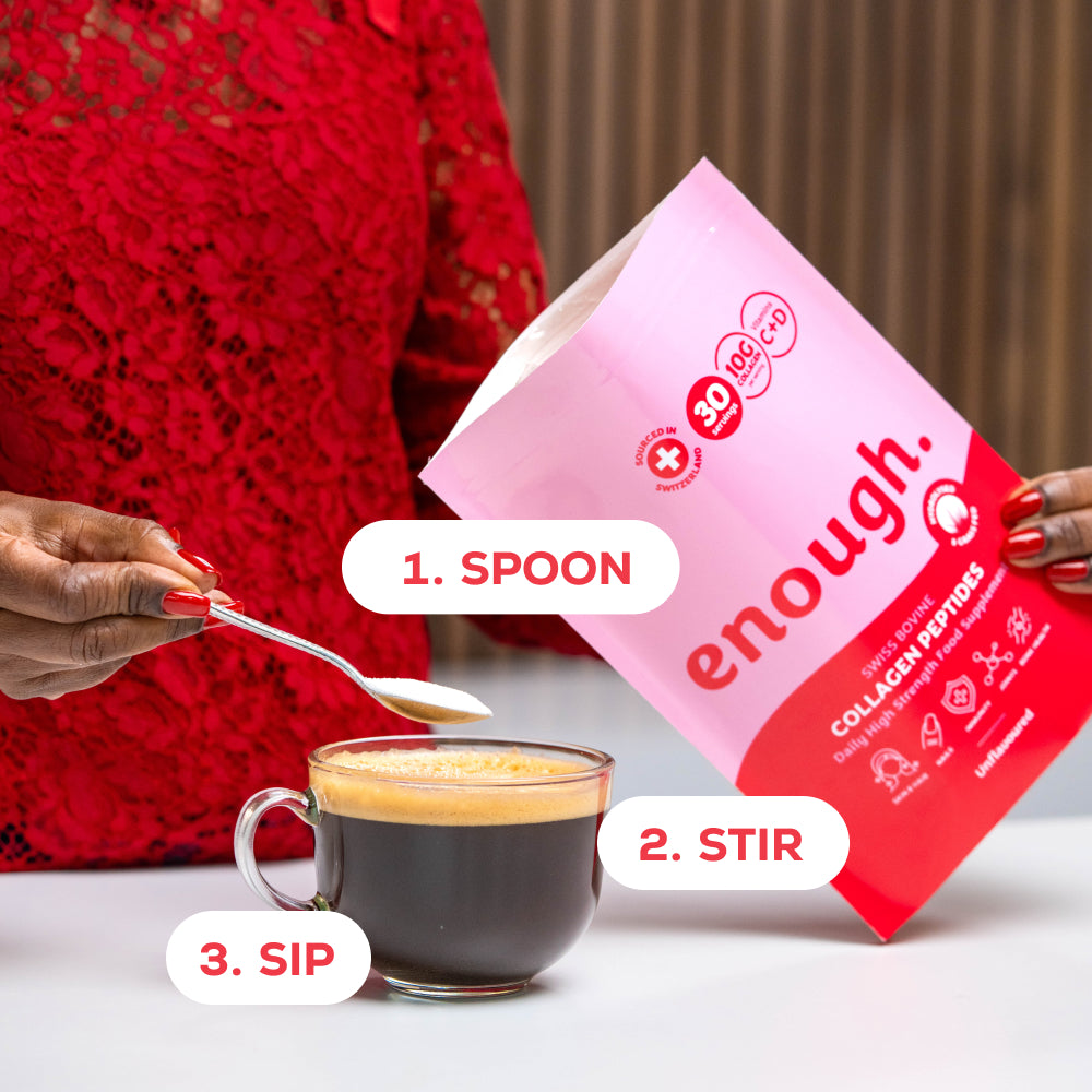 daily collagen supplement being added to coffee with instructions for use