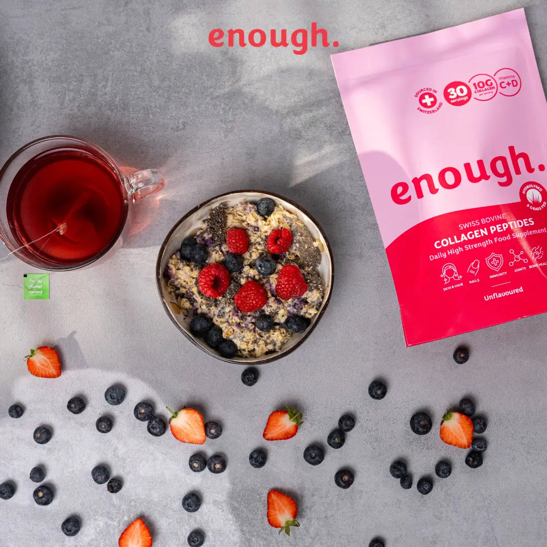 A packet of enough high strength collagen in a breakfast setting