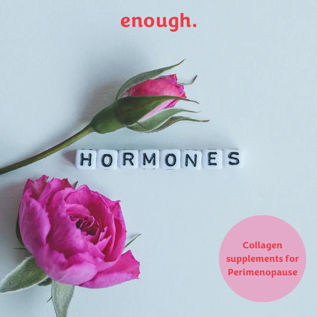 Picture of a rose and the words hormones written out for a blog about benefits of collagen for perimenopause