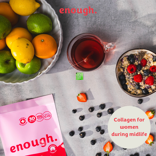 Packet of collagen, fruit bowl and breakfast cereal