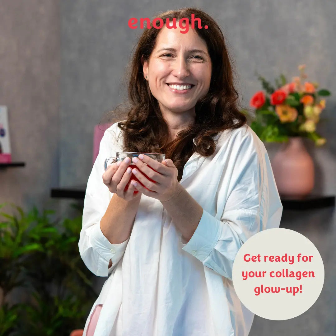 Ivana our Founder holding a cup of herbal tea with her bovine collagen powder