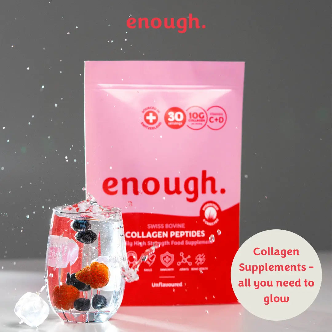 Picture of a packet of enough high strength collagen alongside a glass of water packe with berries