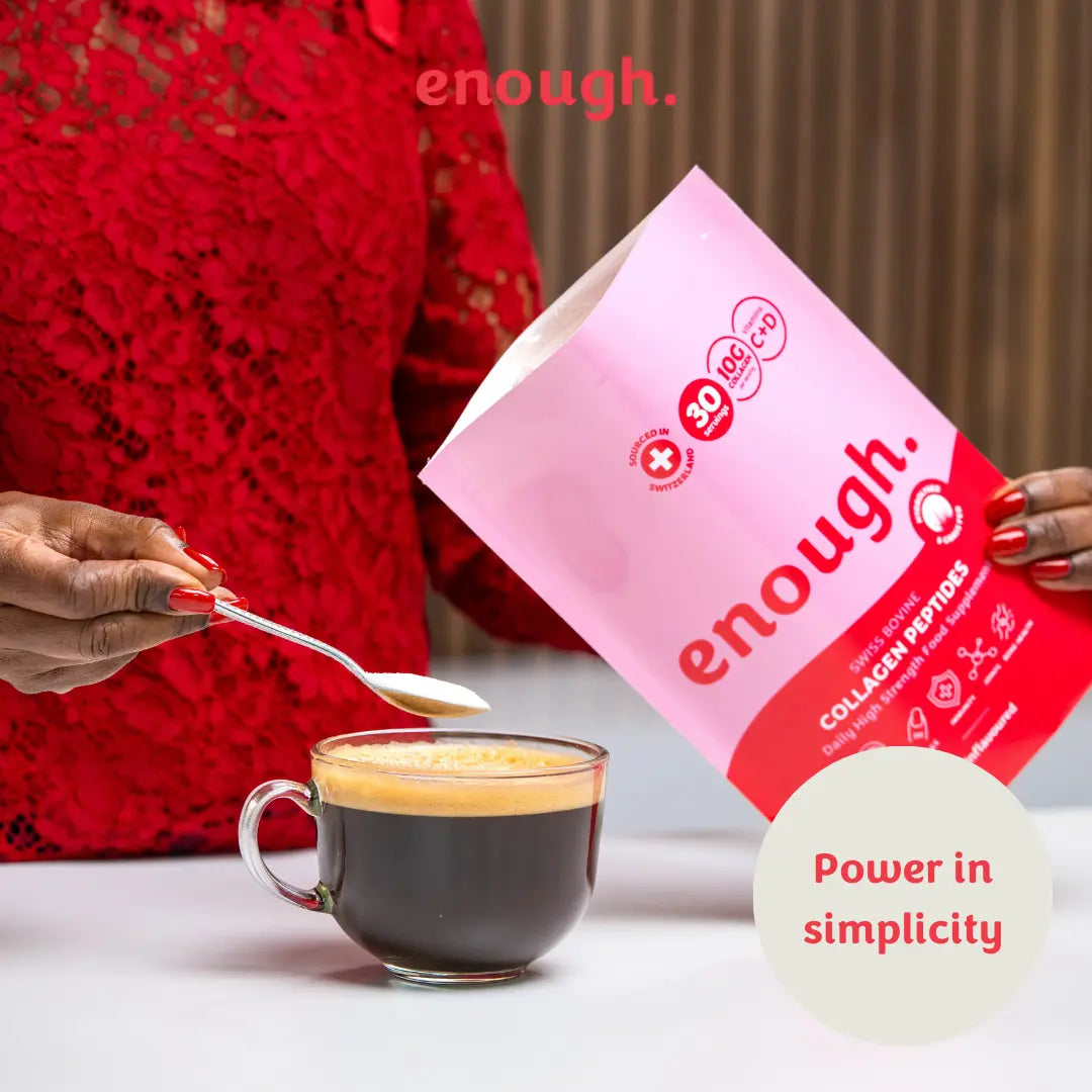 Picture of a packet of enough high strength collagen and model stirring it into her daily coffee